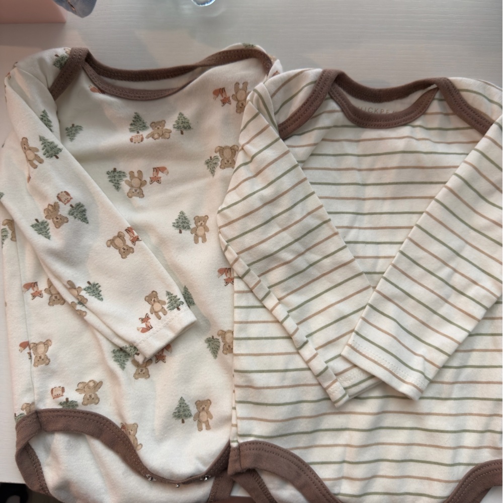 Soft Bear Stripe Long-Sleeve Baby Bodysuit Set - Cream & Brown